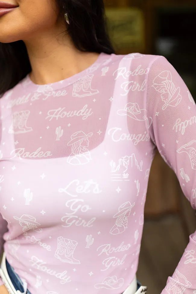 Metal Core Darlene Long Sleeve Pink Cowgirl Mesh Crewneck Top