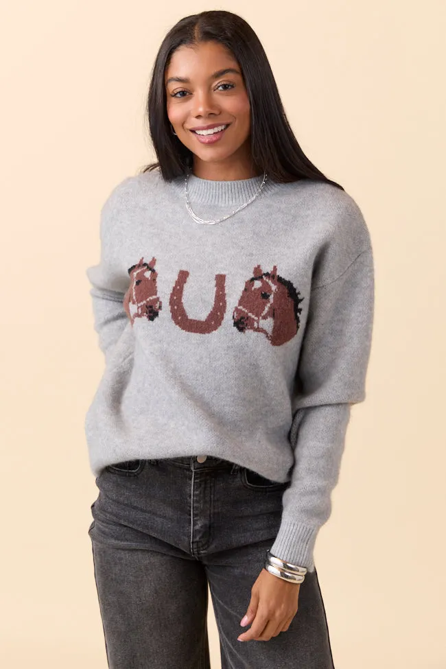 Montana Horse Motif Grey Knit Pullover Sweater King Mode Garden Ease