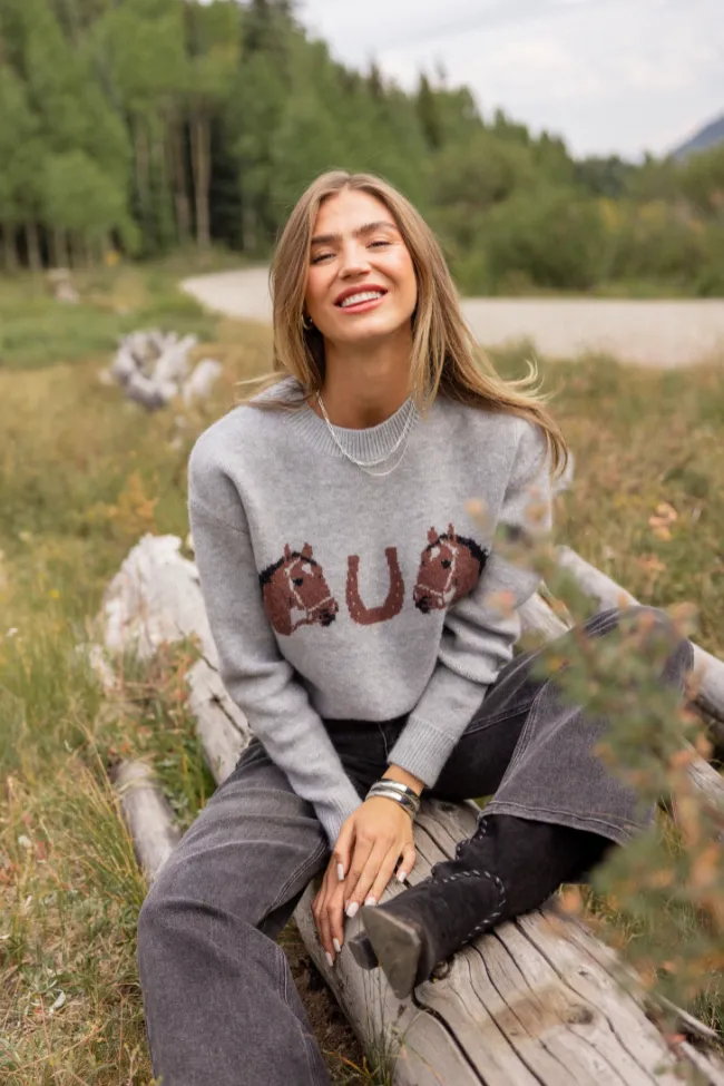 Montana Horse Motif Grey Knit Pullover Sweater High-Waisted Pants