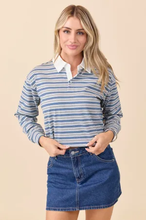 Charlie Blue and Grey Striped Collared Pullover Strong Soul