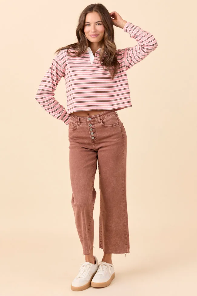 Charlie Pink And Brown Striped Collared Pullover ReinforcedStitching Lightweight Material