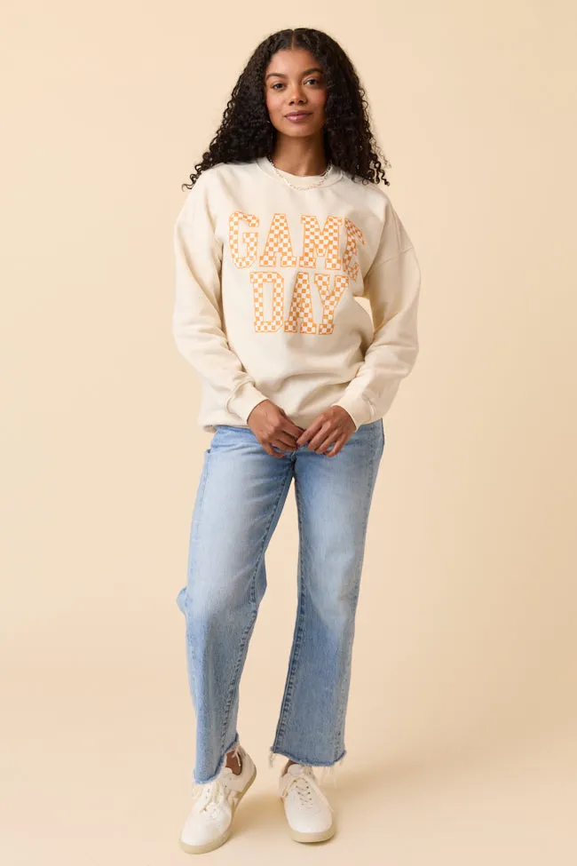 Chic Fit Checkered Orange Game Day Cream Graphic Sweatshirt