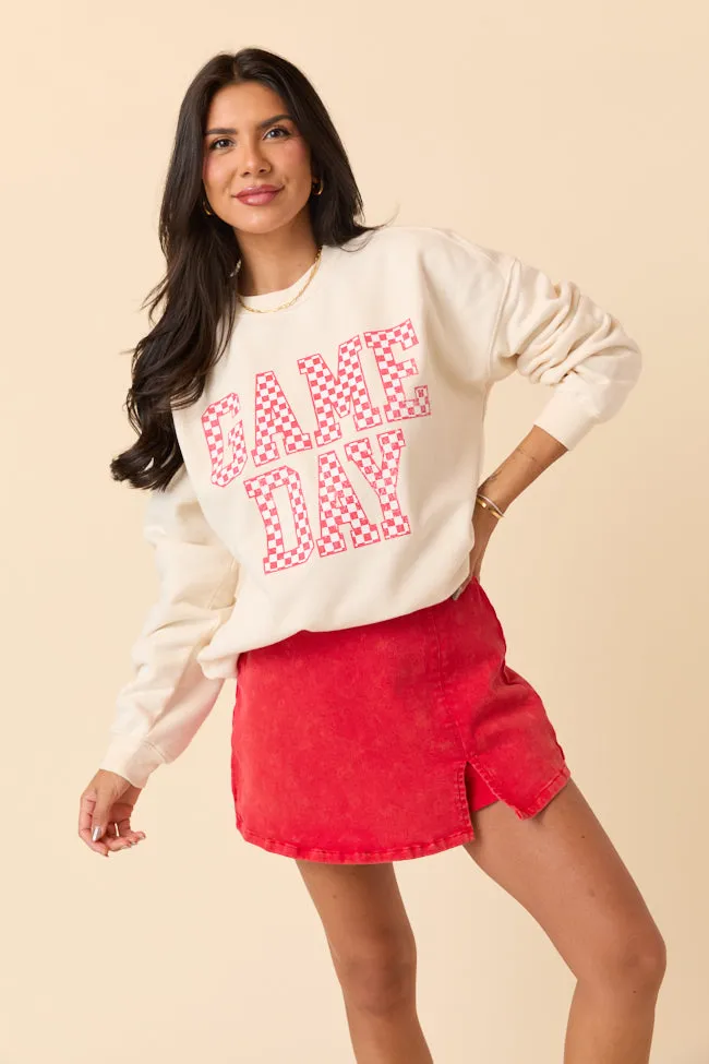 Checkered Red Game Day Cream Graphic Sweatshirt Story Glow