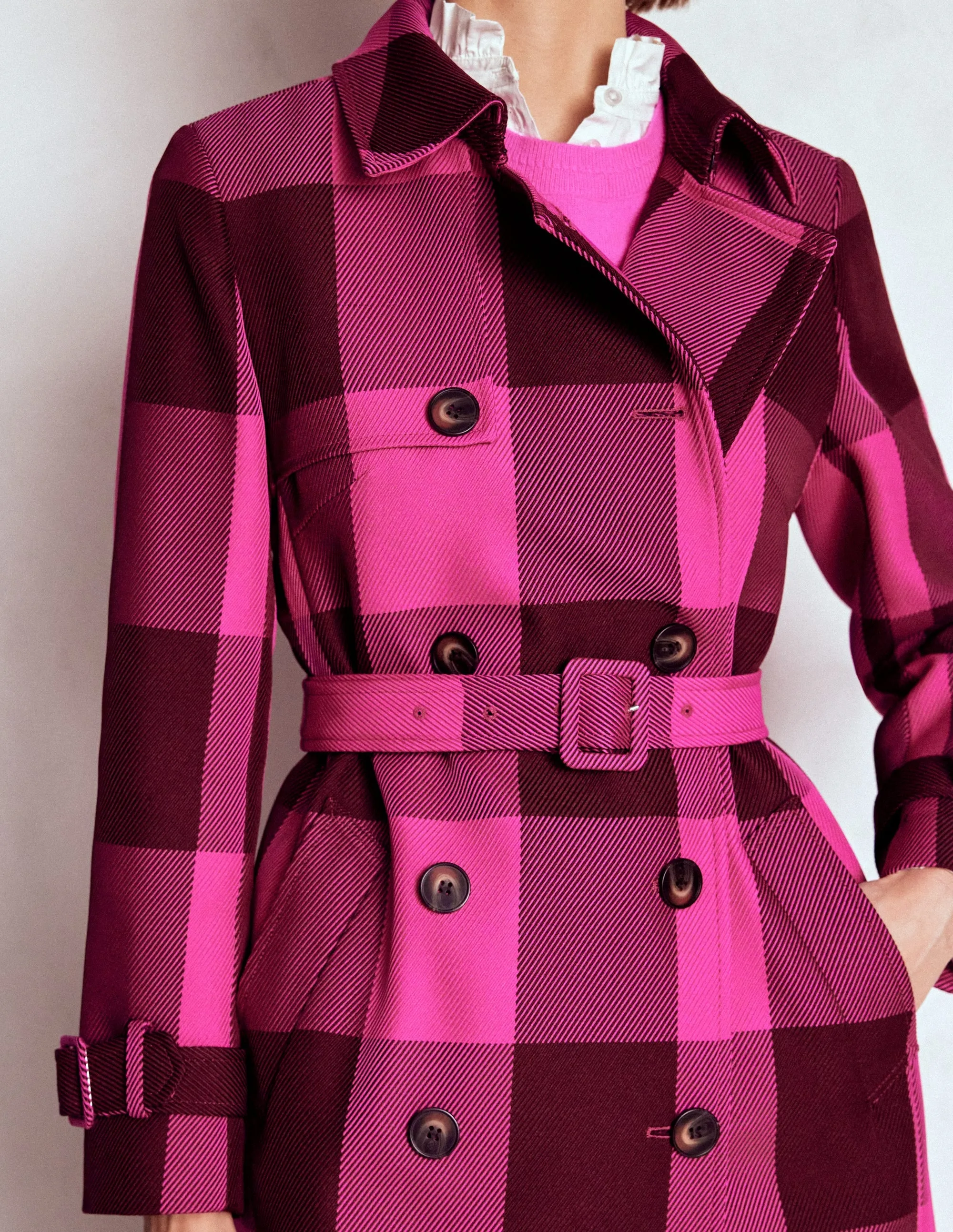 Cheltenham Trench Coat-Pink Peony, Chestnut Gingham Relaxed Fit Structure