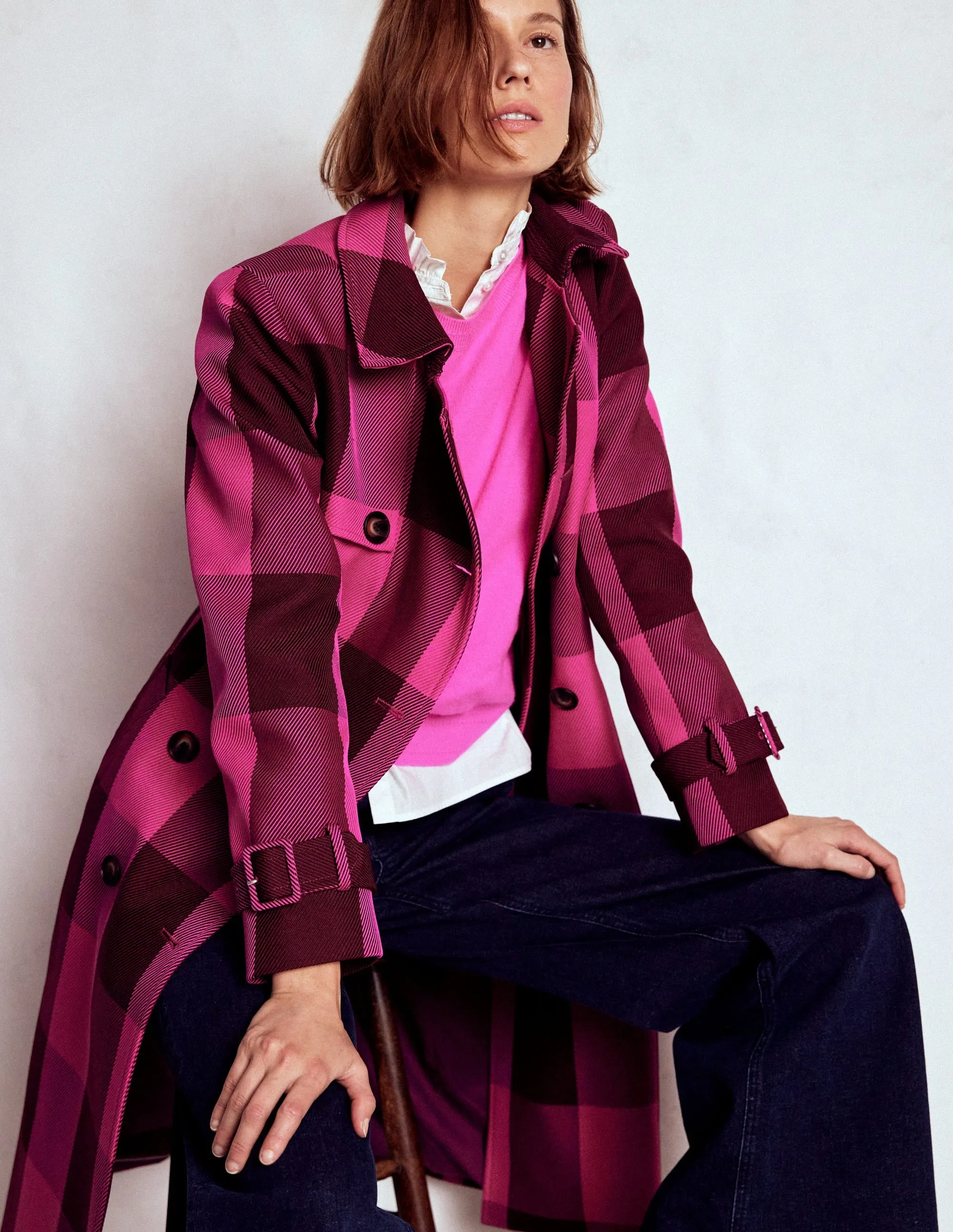 Cheltenham Trench Coat-Pink Peony, Chestnut Gingham WeatherproofCoating