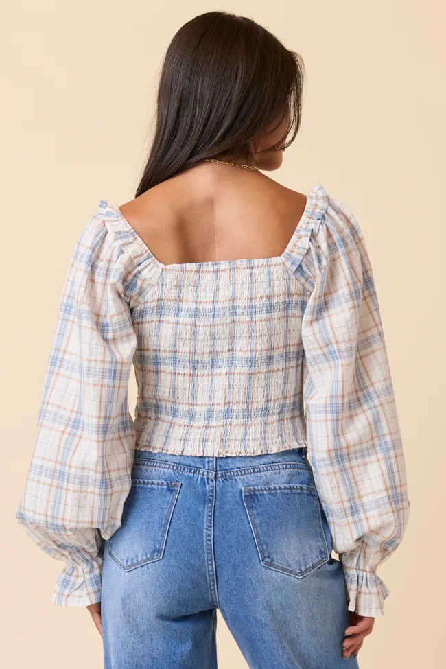 Skin Hug Willow Blue Plaid Smocked Balloon Sleeve Top