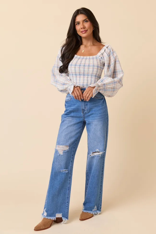 Willow Blue Plaid Smocked Balloon Sleeve Top High End