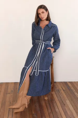 Floral Swing Collar Accent Ginette Collared Linen Dress in Pinstripe