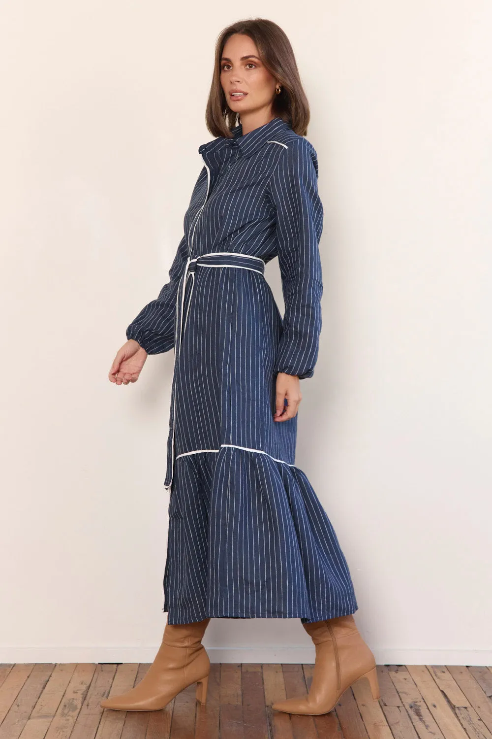 Smart and Polished Fashionable Comfort Wear Ginette Collared Linen Dress in Pinstripe