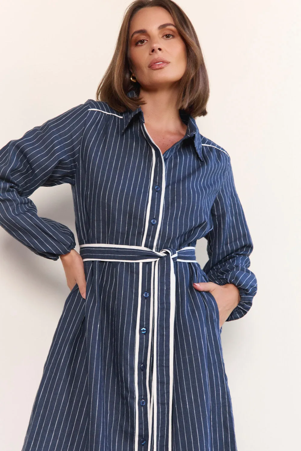 Ginette Collared Linen Dress in Pinstripe Lightweight-Structure Layered Design