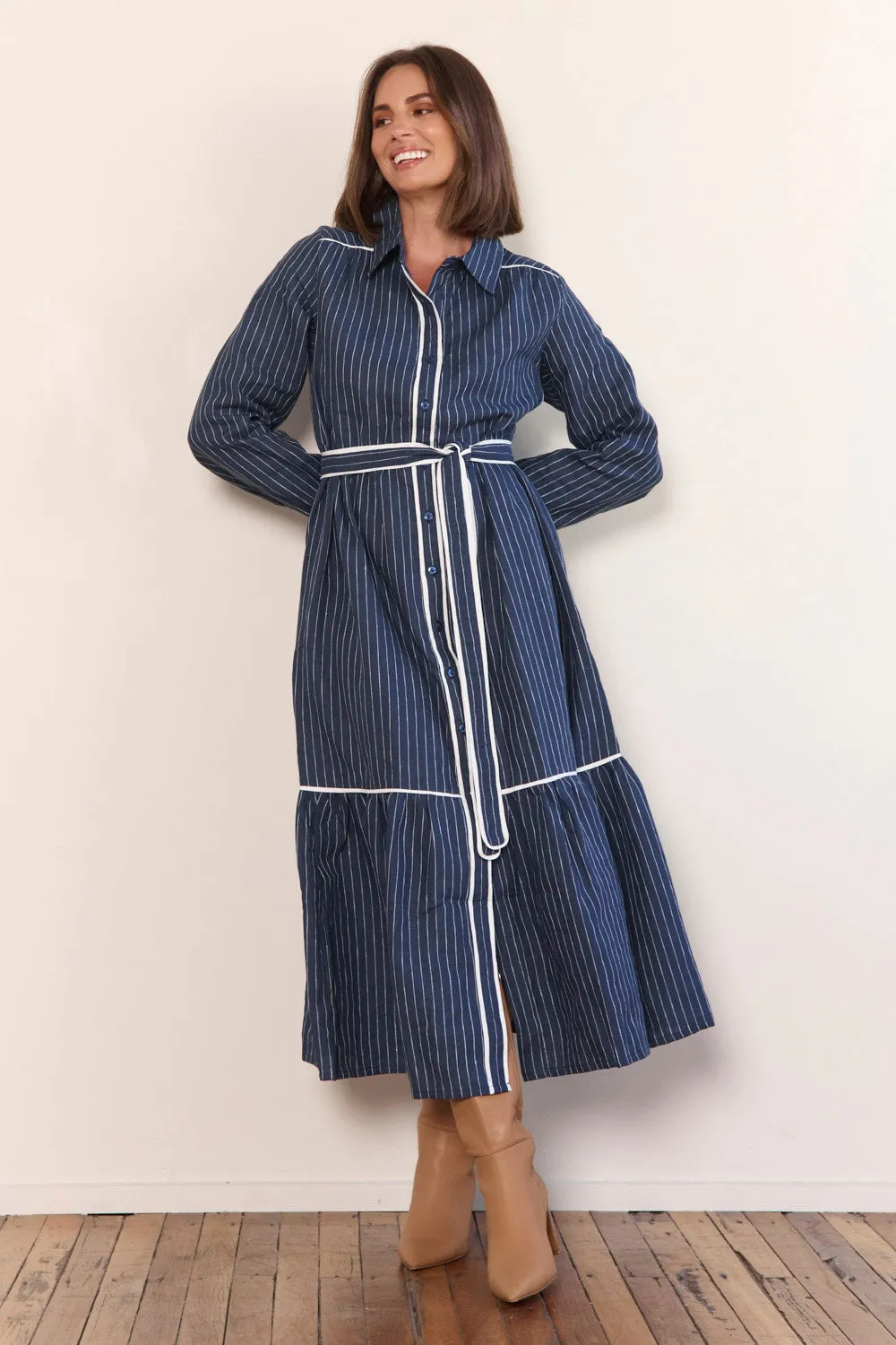 Unique Print Ginette Collared Linen Dress in Pinstripe