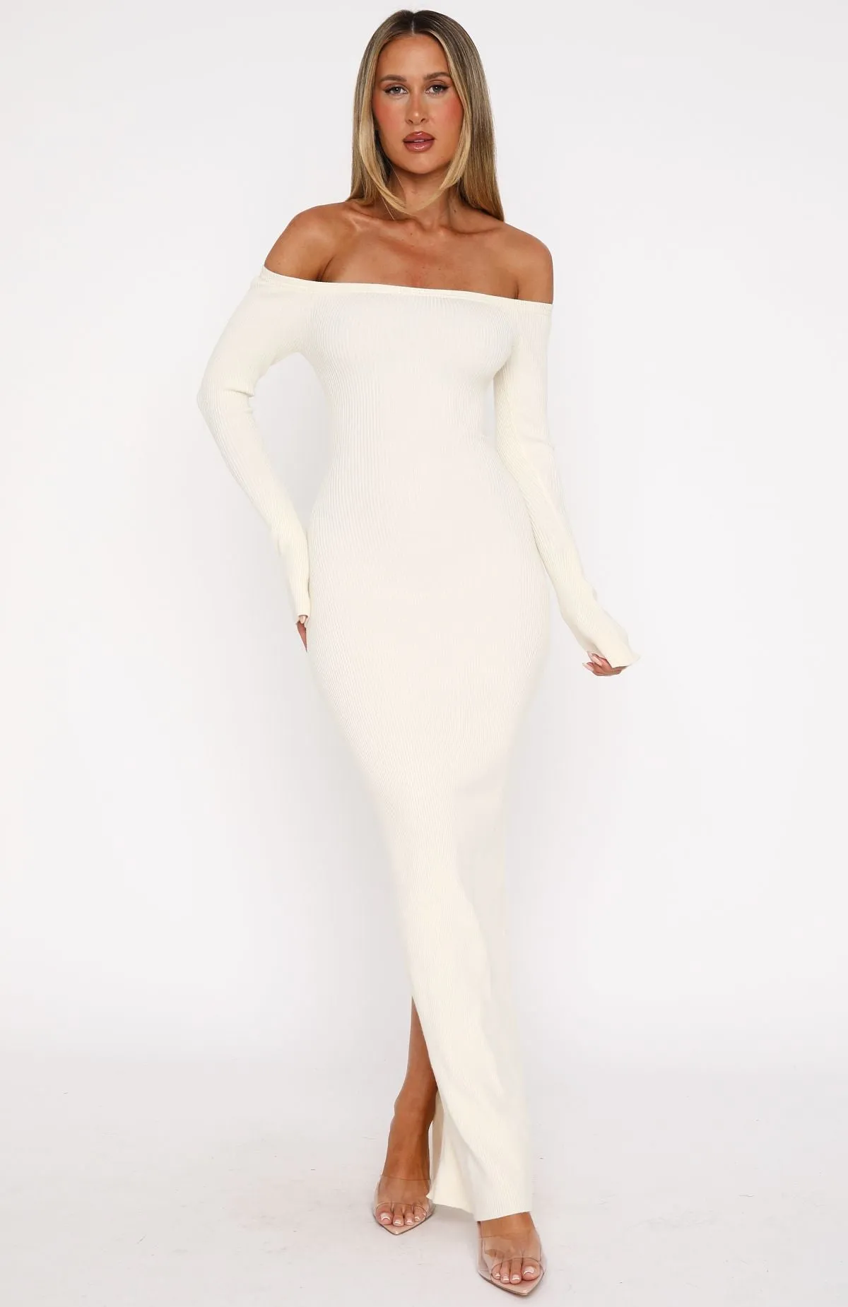 Pretty Glow Fit for All Seasons Star Studded Long Sleeve Knit Maxi Dress Winter White