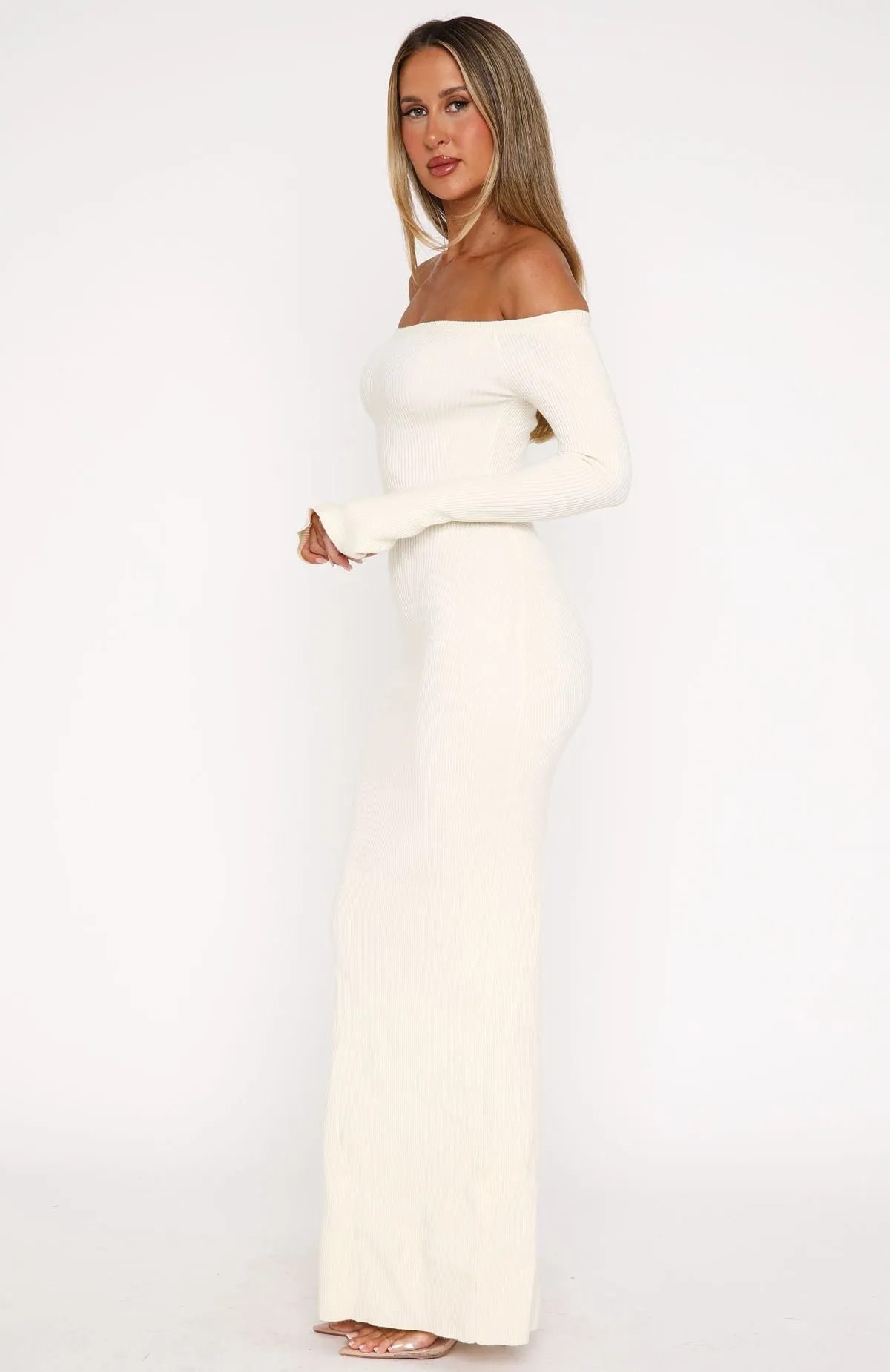 Star Studded Long Sleeve Knit Maxi Dress Winter White Trend Focused