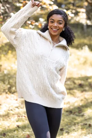 Winter Fashion Simple Dress Chismer Beige Cable Knit Zip Up