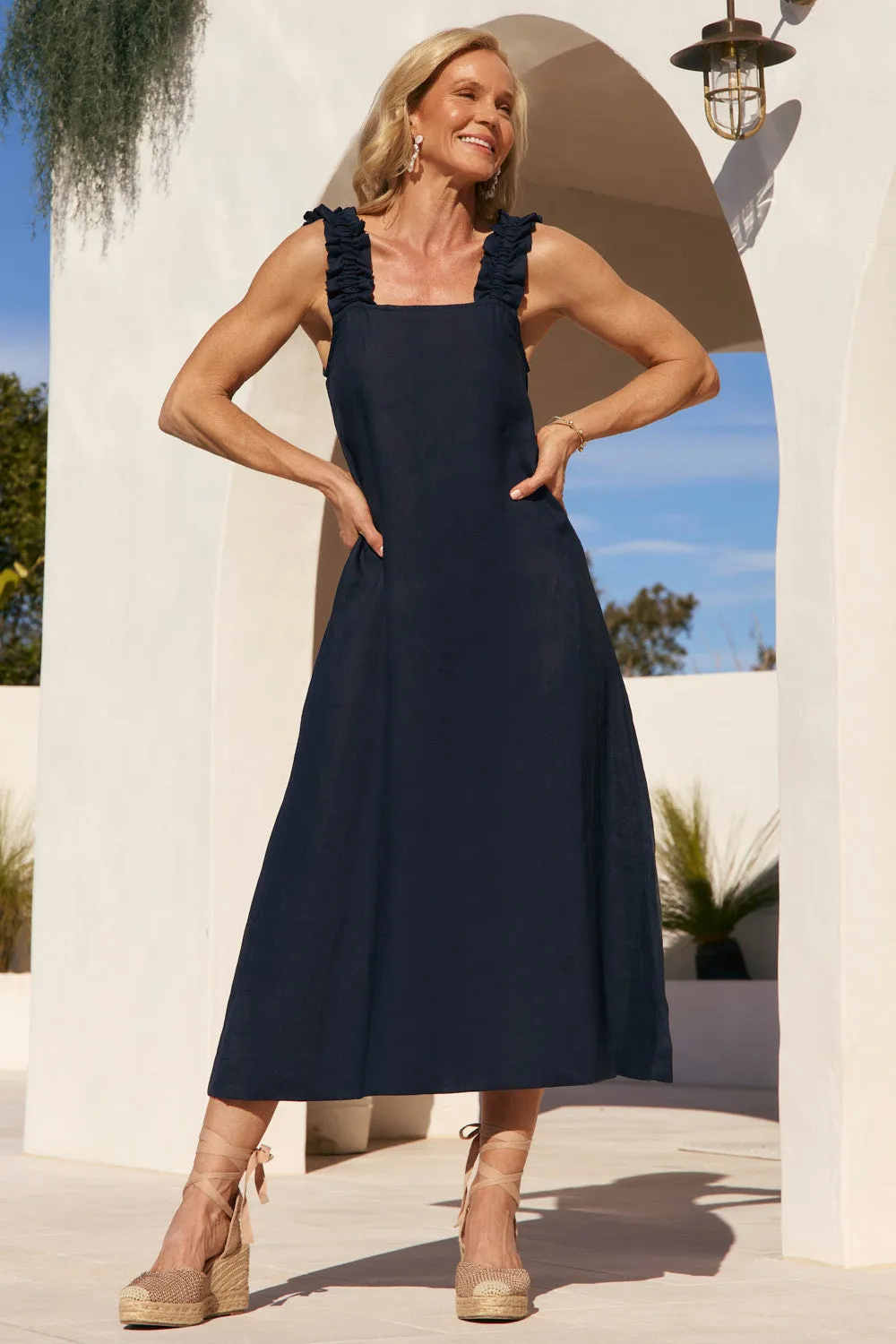 Claire Maxi Linen Dress in Navy Soft and Chic