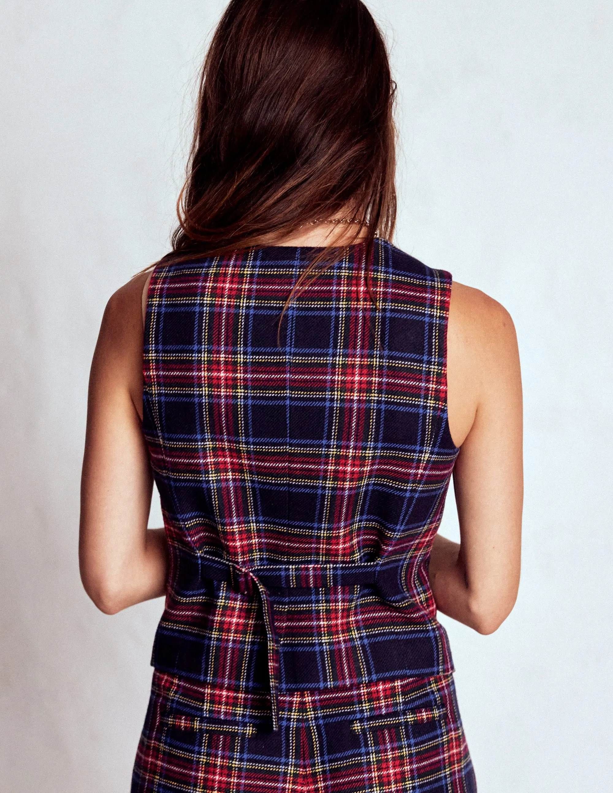 Tailored Check Waistcoat-Navy, Green and Red Check Compact Packable Feature Ventilated Back Panel