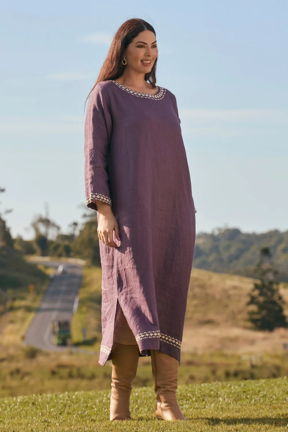 Love Soft Jarla Linen Dress in Merlot Dream