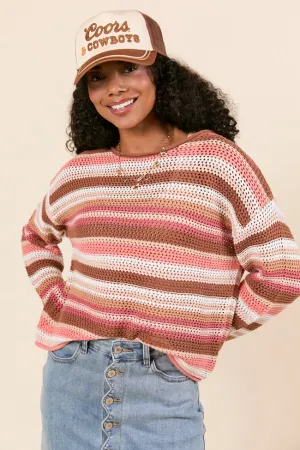 SnagResistant Weave Warm Fit Raelyn Brown Striped Open Knit Sweater