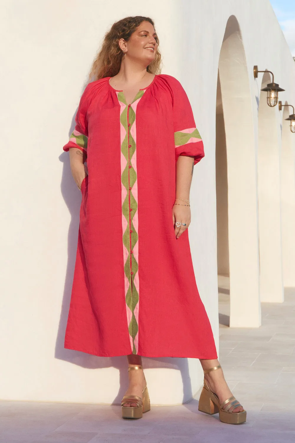 Delicate Touch Office Smart Winnie Linen Tunic Dress in Watermelon