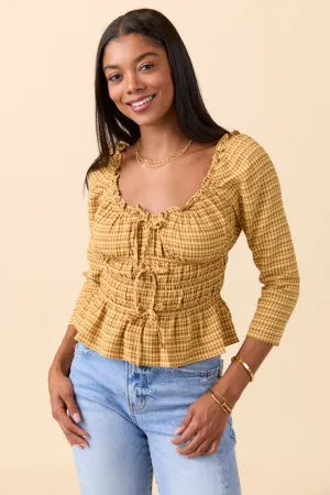 New Day Quiet Luxury Rhett Yellow Plaid Bow Smocked Top