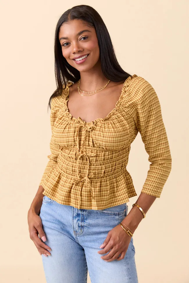 New Day Quiet Luxury Rhett Yellow Plaid Bow Smocked Top