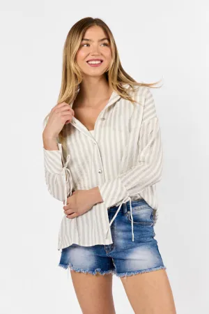 Cruel Summer Tan and Ivory Striped Gauze Button Down Top SALE ShockAbsorbent Padding