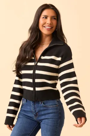 Rustic Ease Reece Black and White Stripe Full Zip Sweater