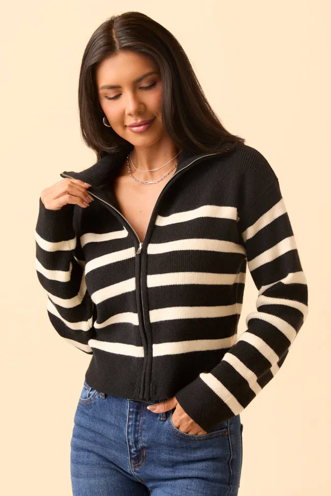 Sustainable Manufacturing Reece Black and White Stripe Full Zip Sweater