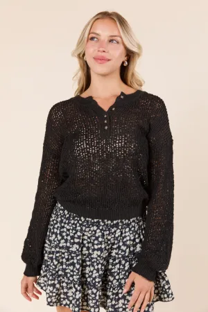 WrinkleFreeFabric CompactFold Lotus Long Sleeve Black Open Knit Henley Sweater
