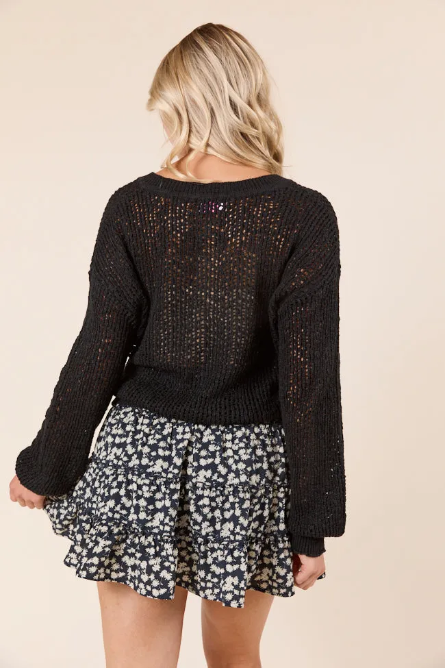 Lotus Long Sleeve Black Open Knit Henley Sweater All Day