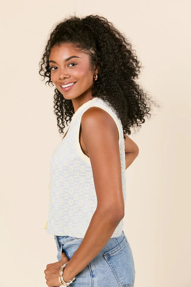 Still Soul Briar Sleeveless Blue Floral Button Up Knit Vest