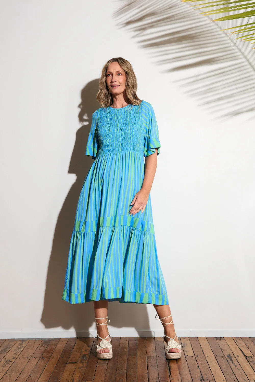 Minden Shirred Dress in Tropical Spring Feminine empire waist dress Classic Look