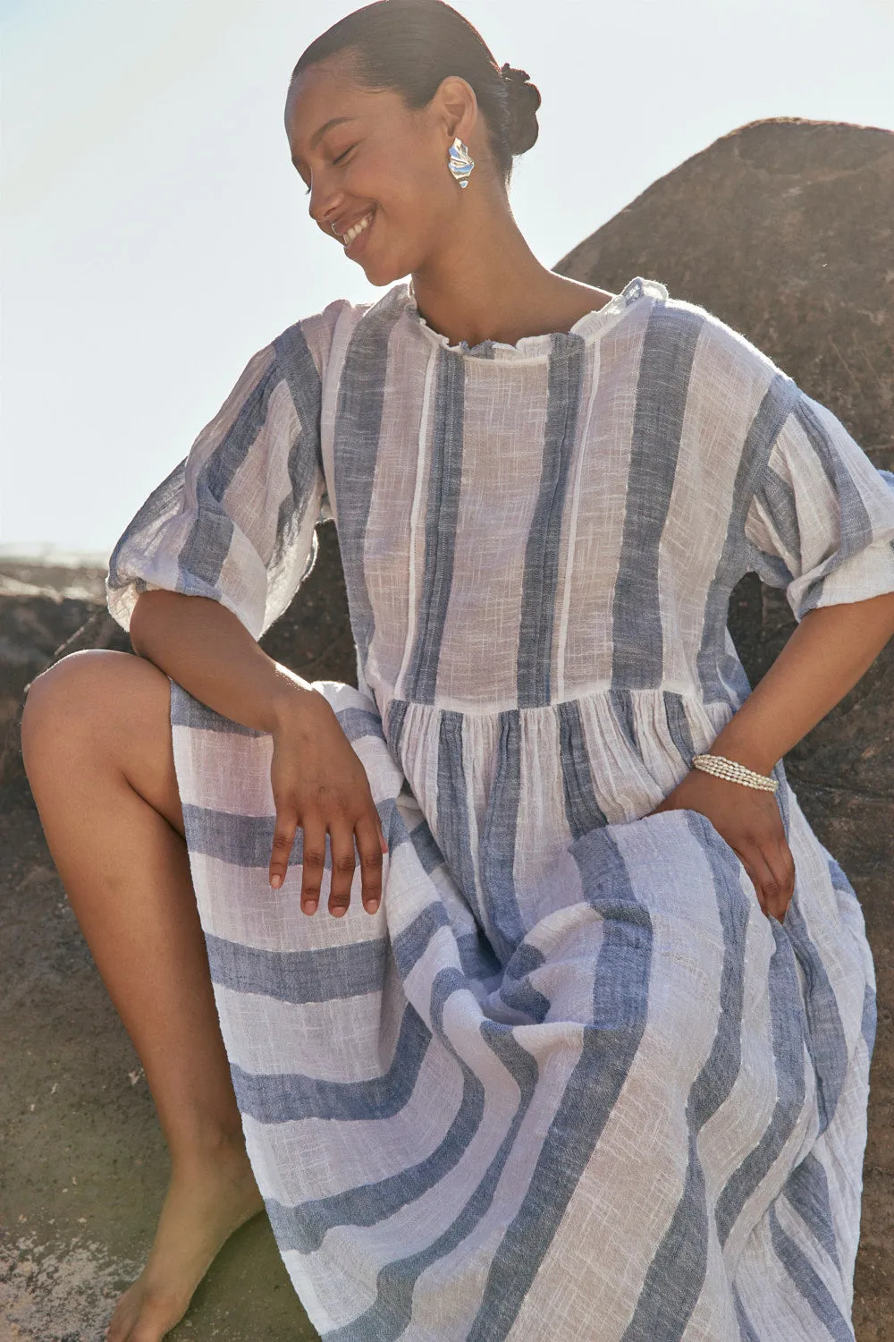 Clean Style Relax Mode Coco Billow Dress in Blue Stripe