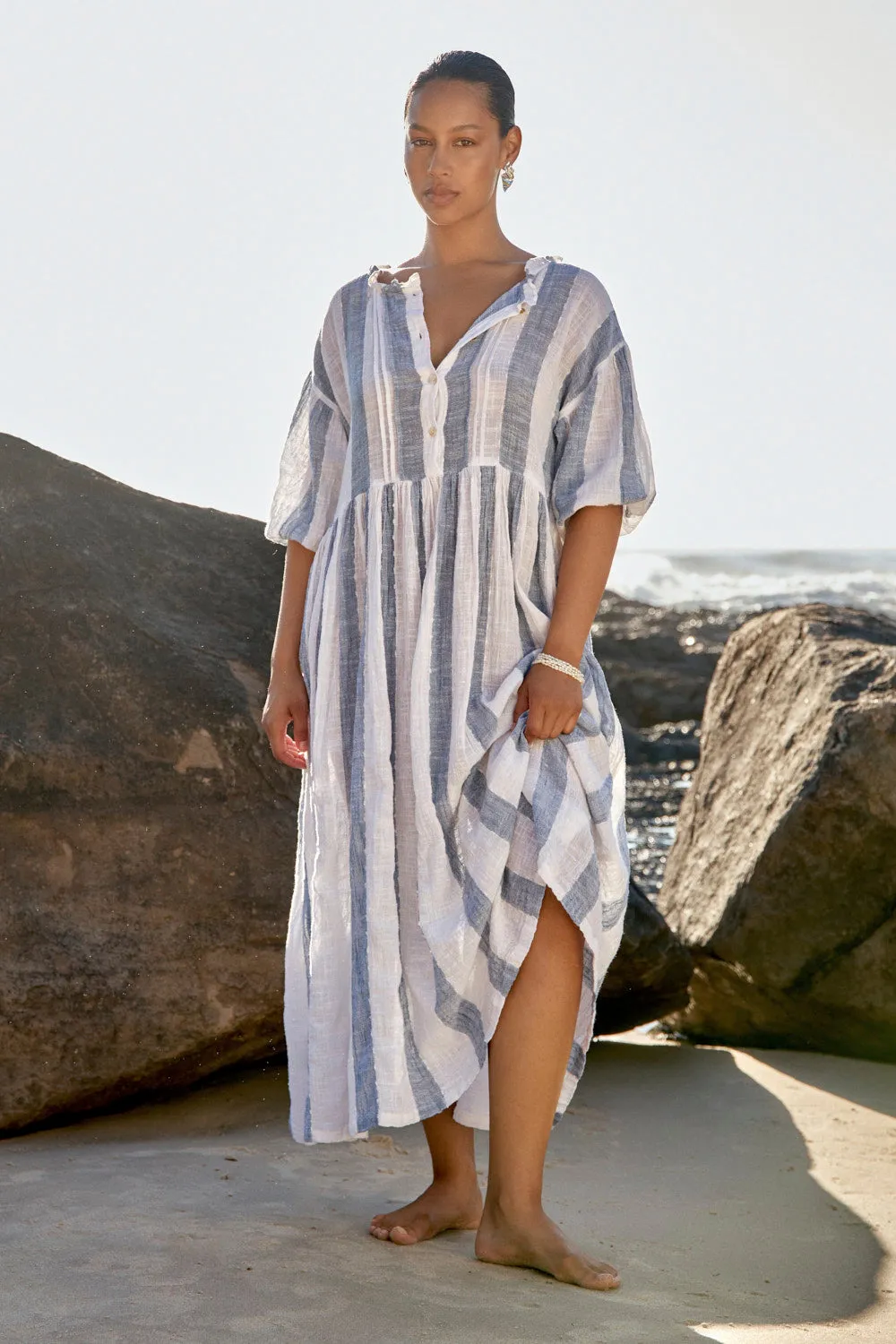 Coco Billow Dress in Blue Stripe Chic Tailoring Design Modern and Stylish