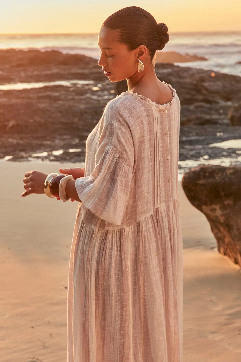 Formal dinner wear Comfy and Cozy Coco Billow Dress in Natural Stripe