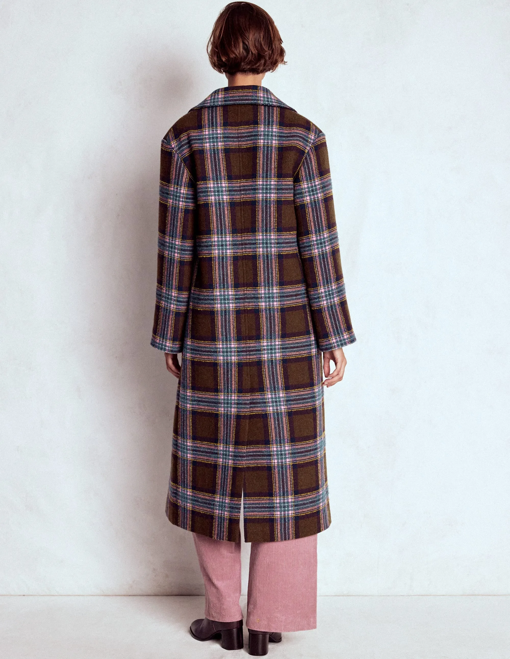 Mild Weather Layer Cocoon Wool Coat-Brown, Teal and Pink Check