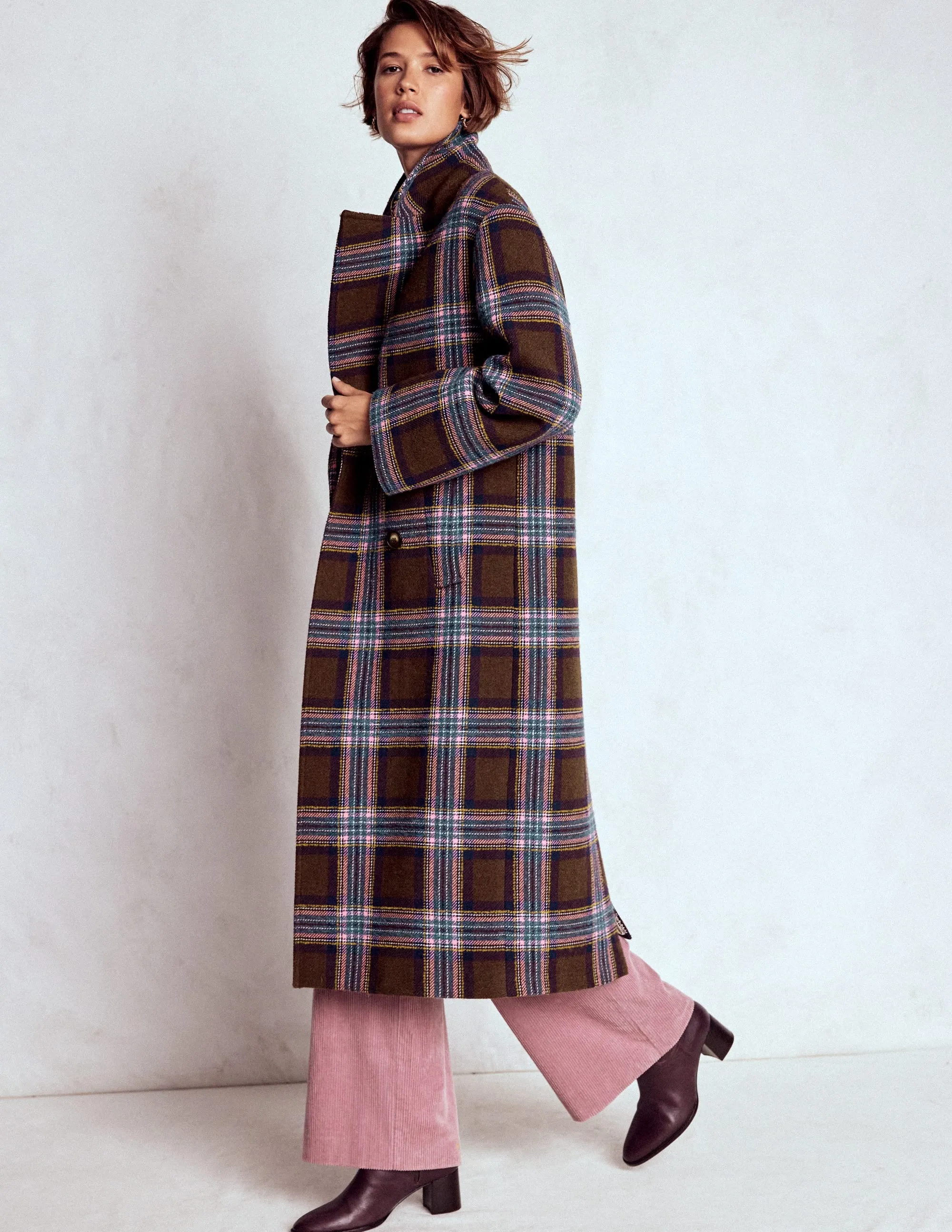 Cocoon Wool Coat-Brown, Teal and Pink Check Quick Dry Fabric Technology Light Reflective Logos