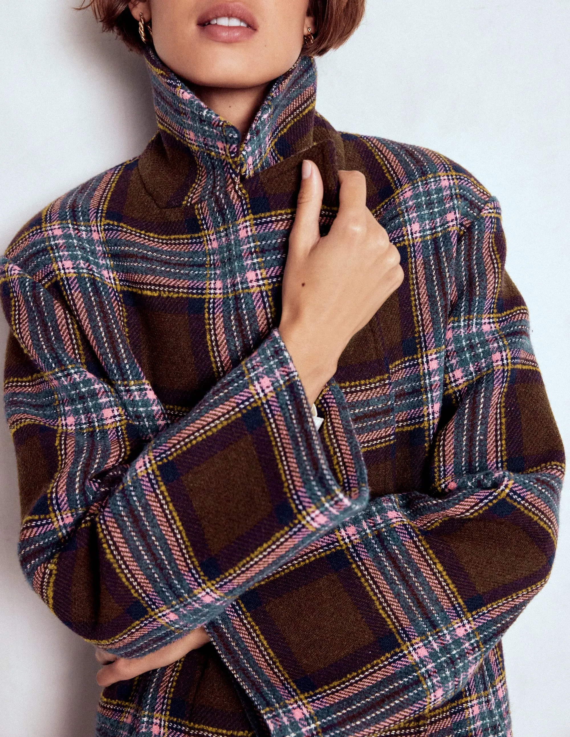 Cocoon Wool Coat-Brown, Teal and Pink Check Weatherproof Zipper Tech