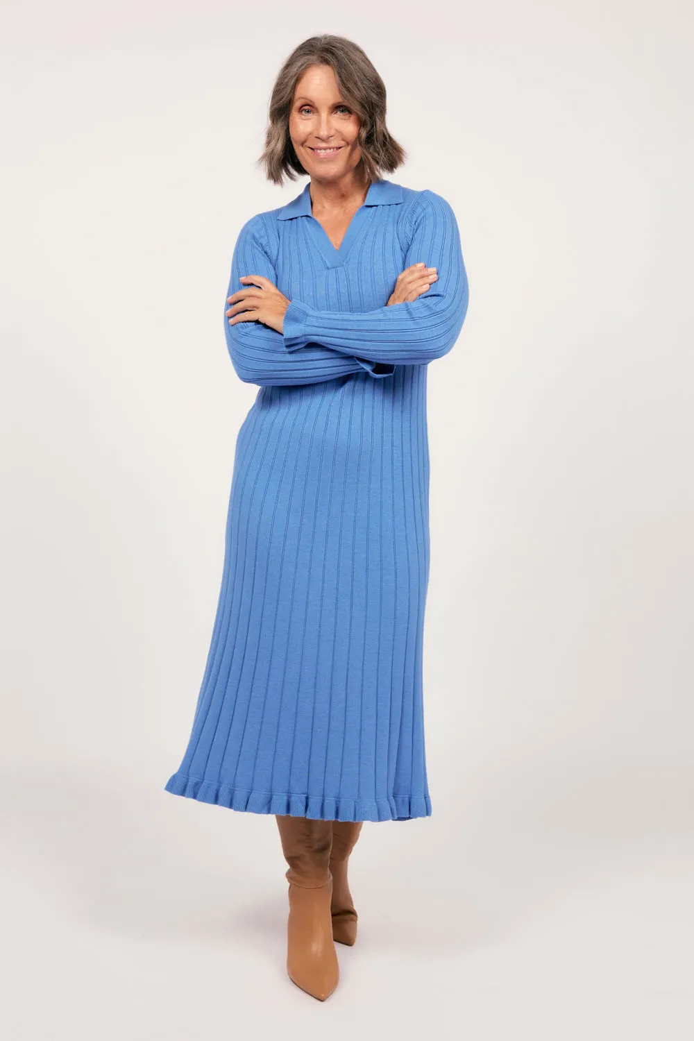 Collared Knitted Swing Dress in Blue budget-friendly