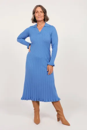 Collared Knitted Swing Dress in Blue Natural Style Versatile party outfit