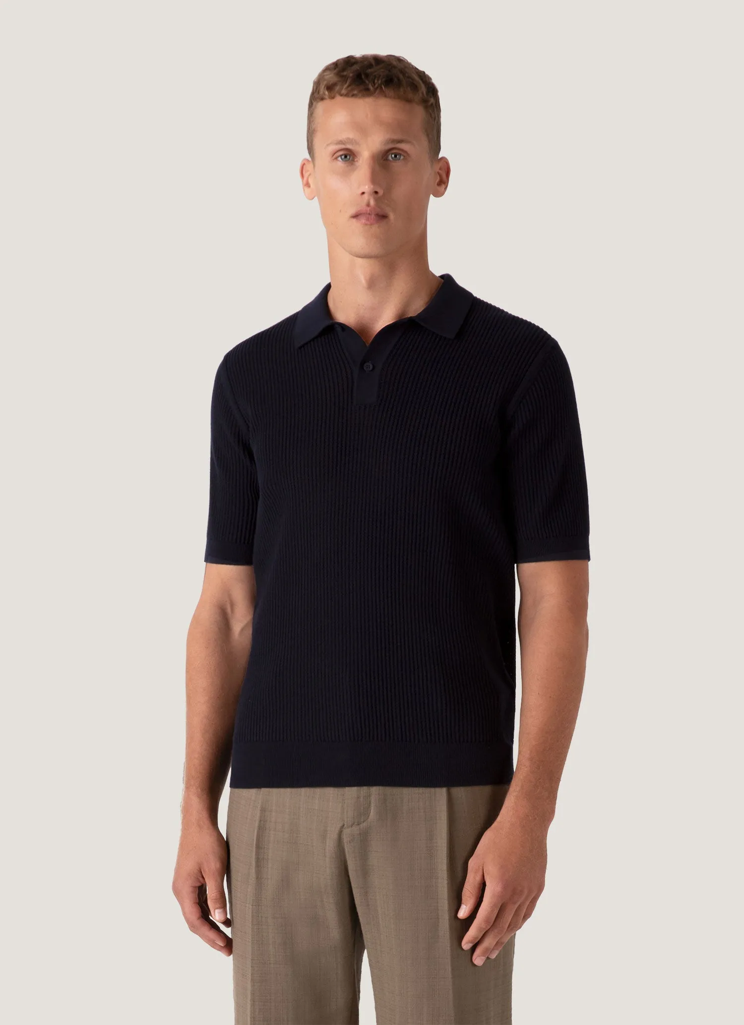 Men's Linear Mesh Knit Polo Shirt in Navy dry cleanable Chic Fit