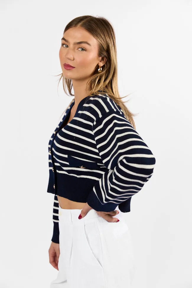 Colorfast Dye Graceful Design Back In Style Navy and Ivory Striped Cardigan SALE