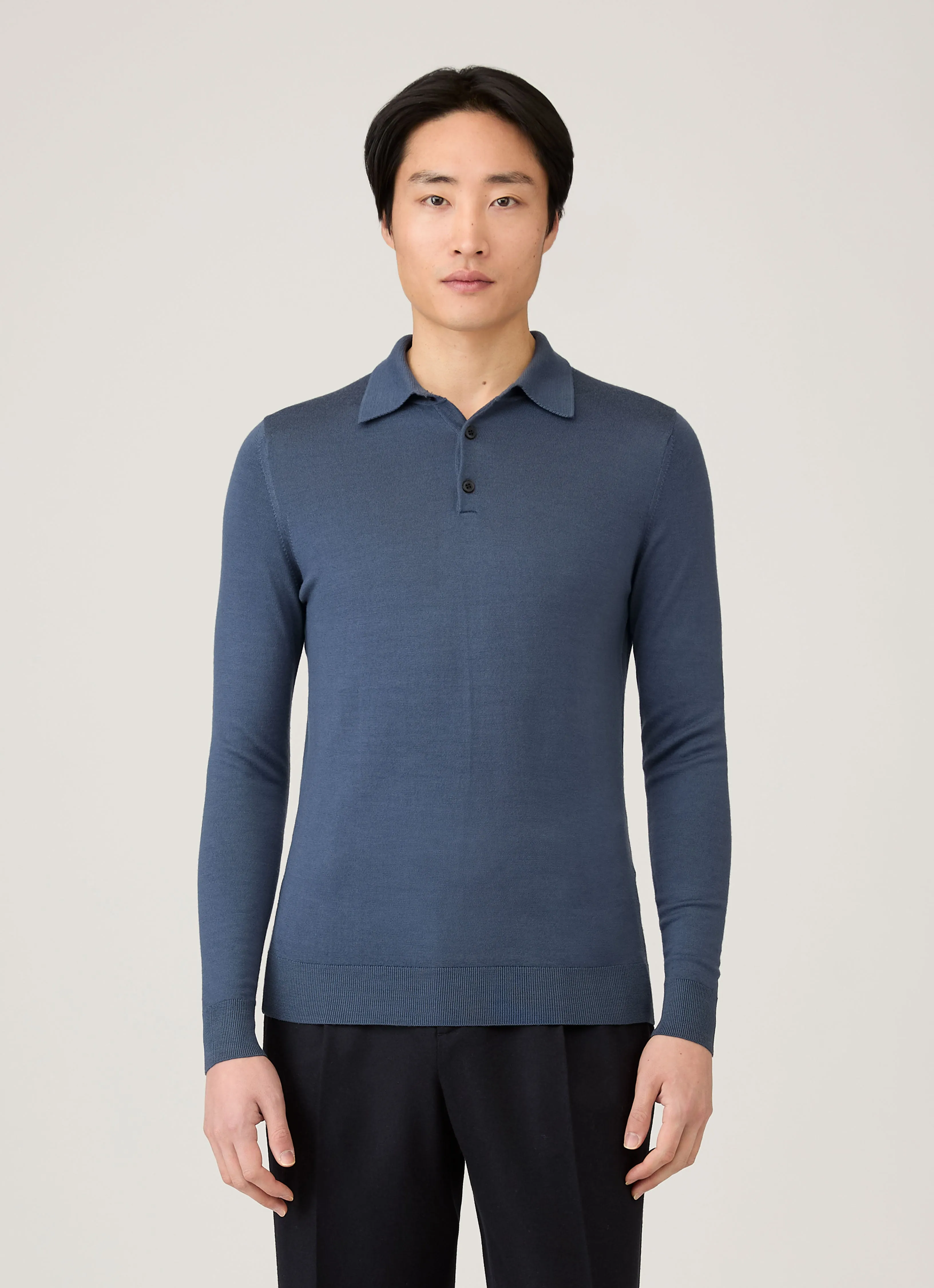 Men's Extra-Fine Merino Polo Shirt in Slate Blue Minimalist Style Versatile Comfort Style
