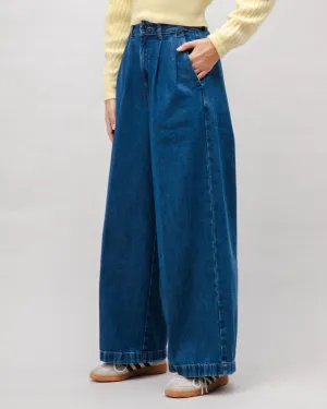 Durable Waistband Wide Leg Denim Pleated