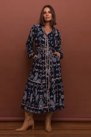 Elegant Simplicity Soft Pleats Ginette Long Sleeve Dress in Navy Filigree