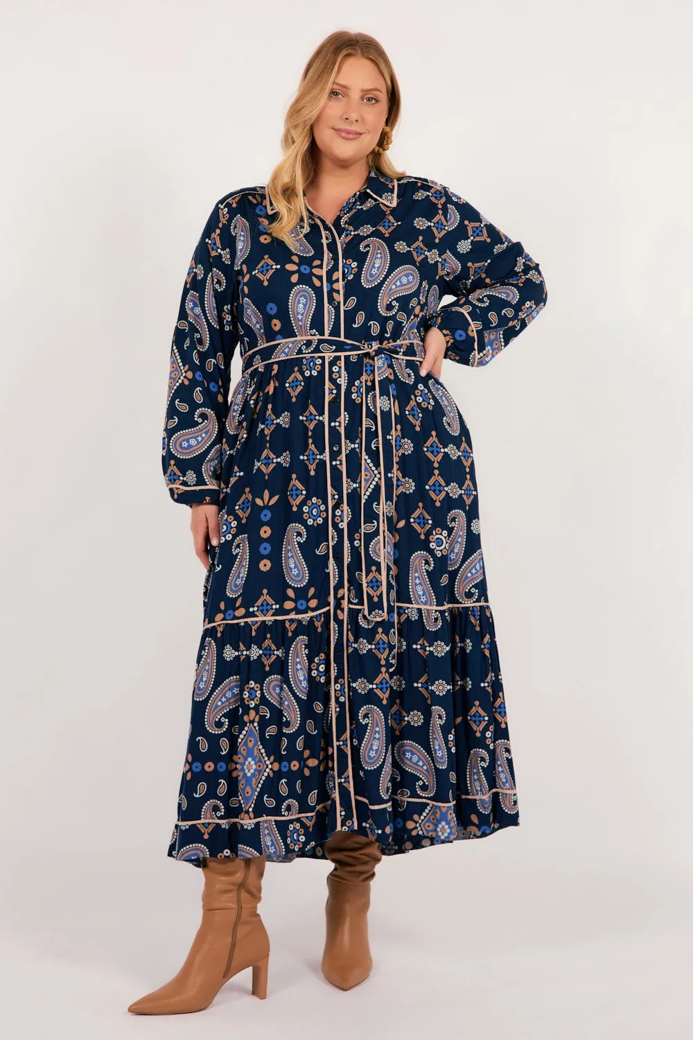 Ginette Long Sleeve Dress in Navy Filigree Subtle-Print