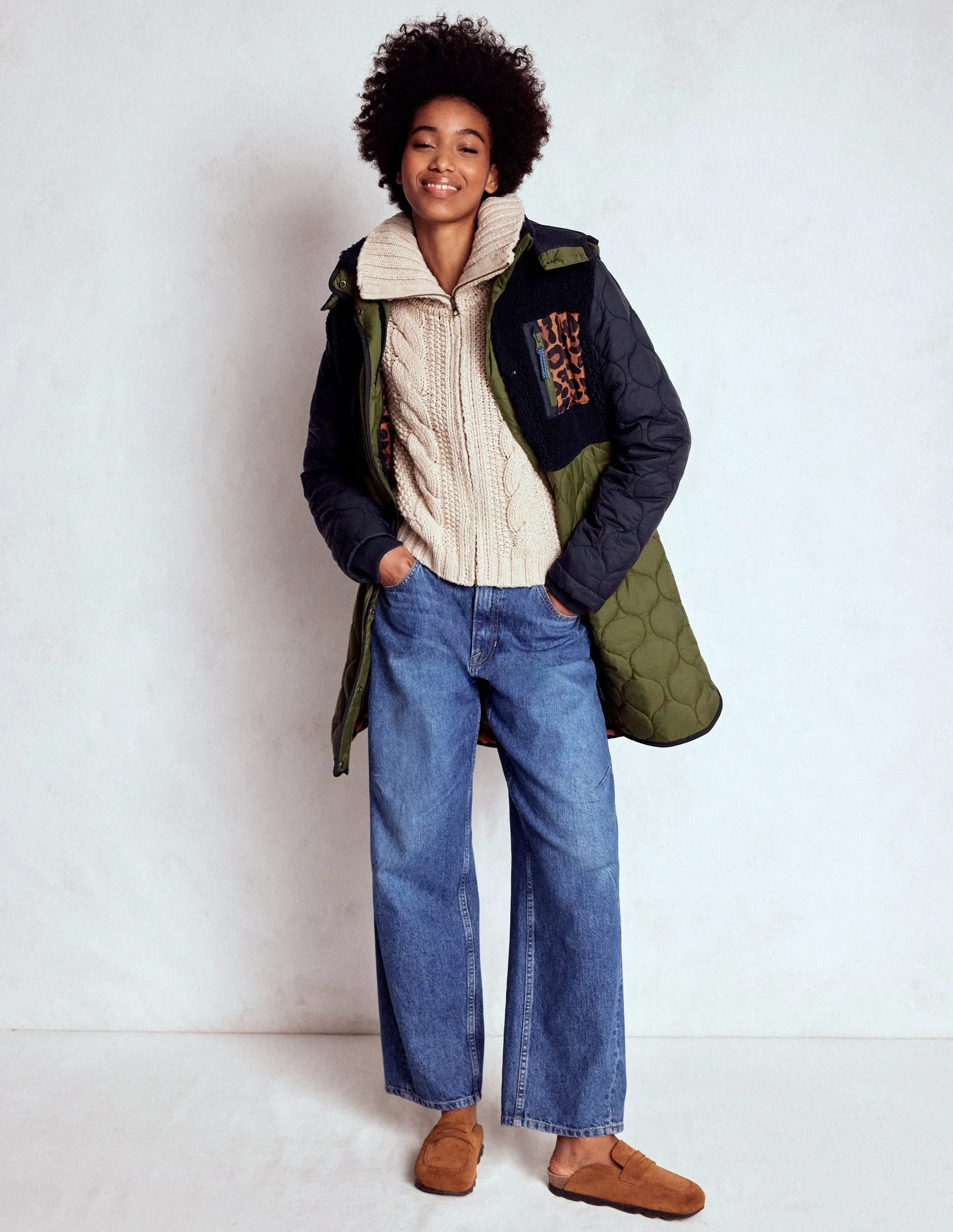 Relaxed Daily Style Borg Mix Coat-Navy & Khaki Mix