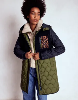 Quilted Interior Borg Mix Coat-Navy & Khaki Mix
