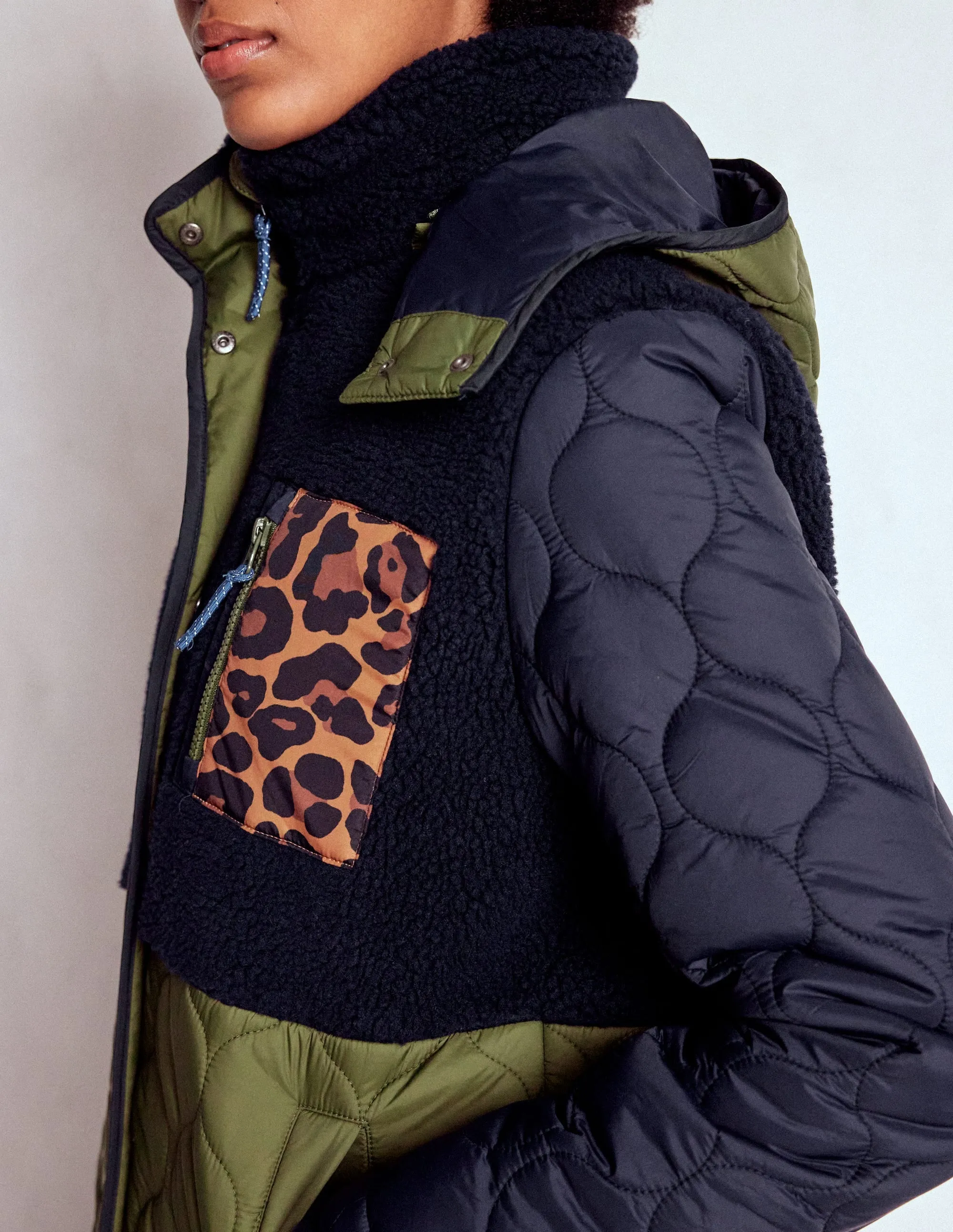 RecycledPolyester Borg Mix Coat-Navy & Khaki Mix