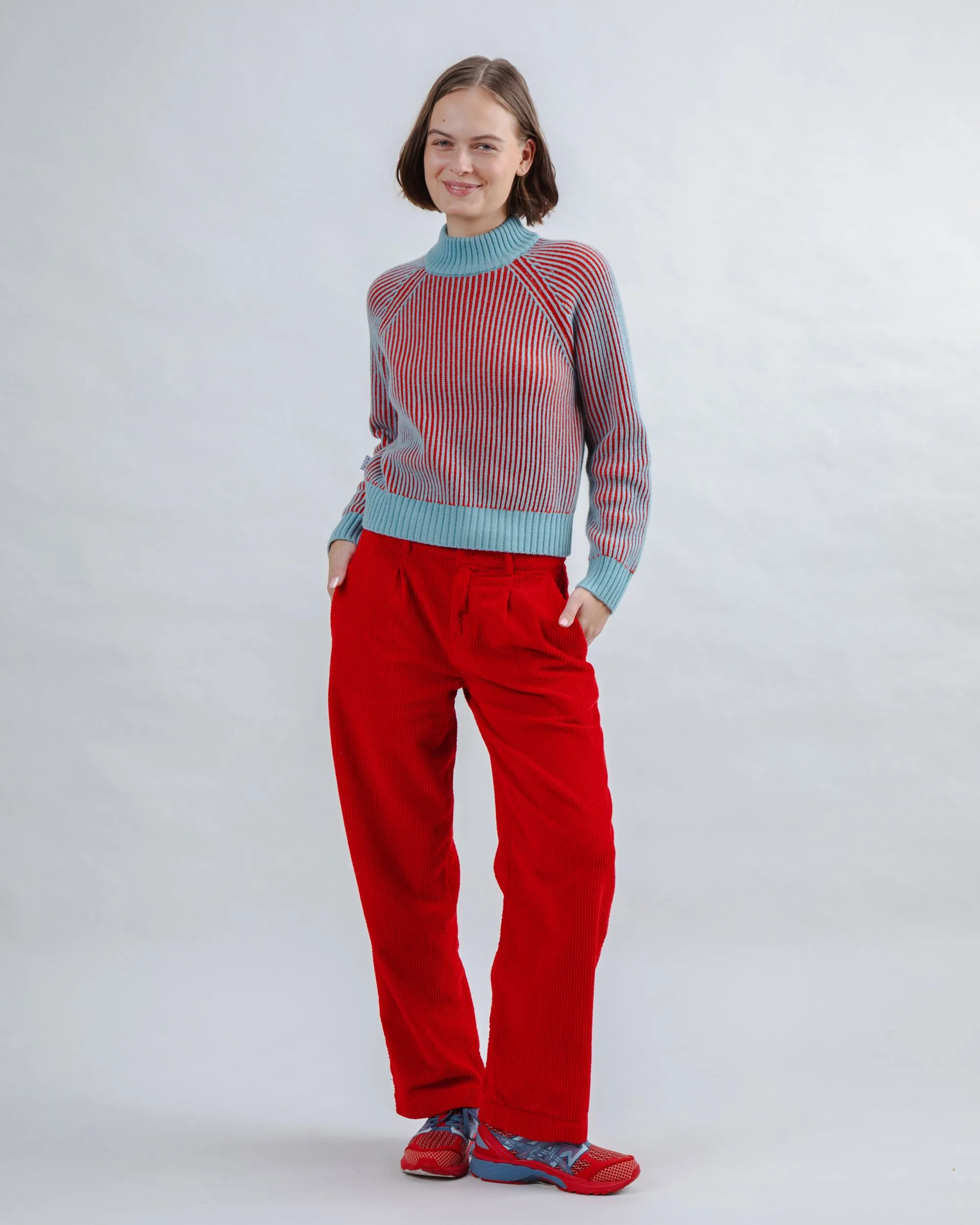 Corduroy Pleated Pants Red Stylish Cut Casual Chic Look